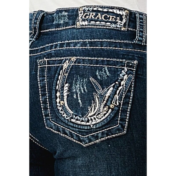 Grace in LA Denim - Grace in LA Womens Horseshoe Embroidered Distressed Pocket Bootcut Stretch Jeans